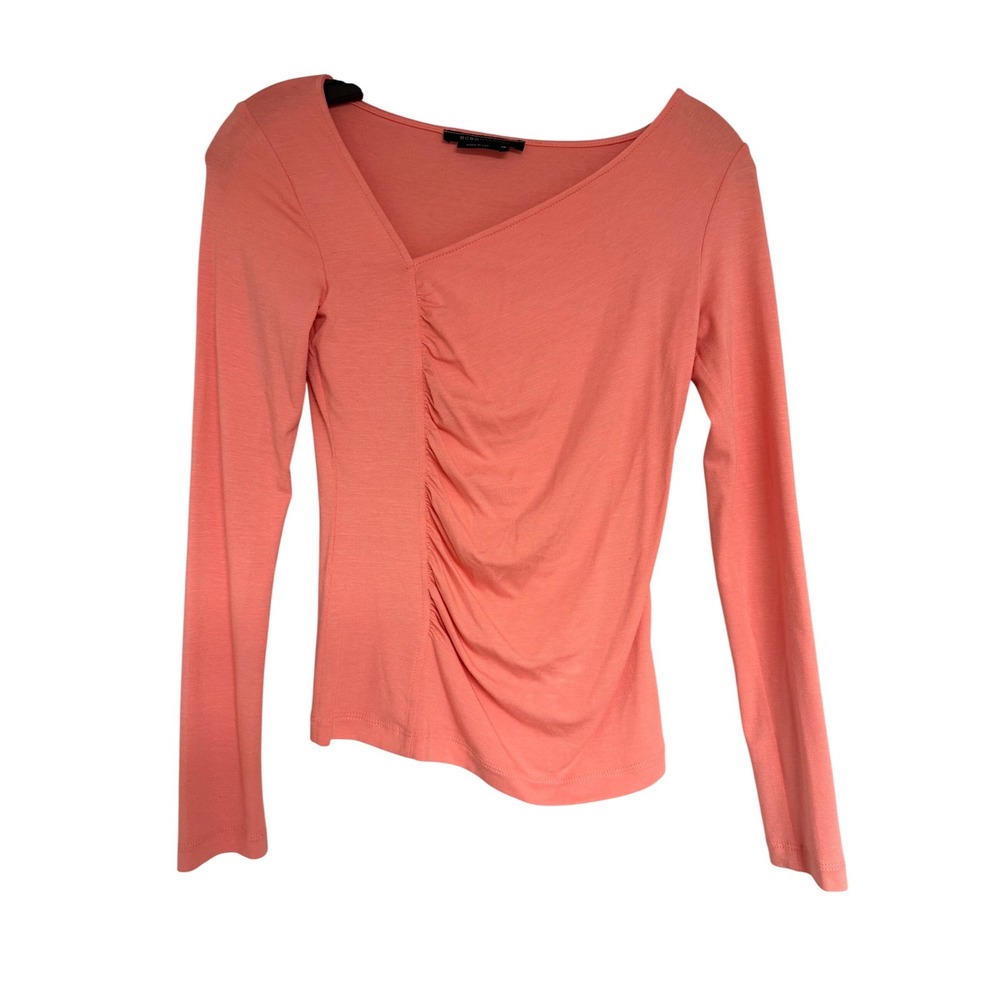 BCBGMAXAZRIA Coral Pink Ruched Asymmetrical Neck Long Sleeve Top XS Womens